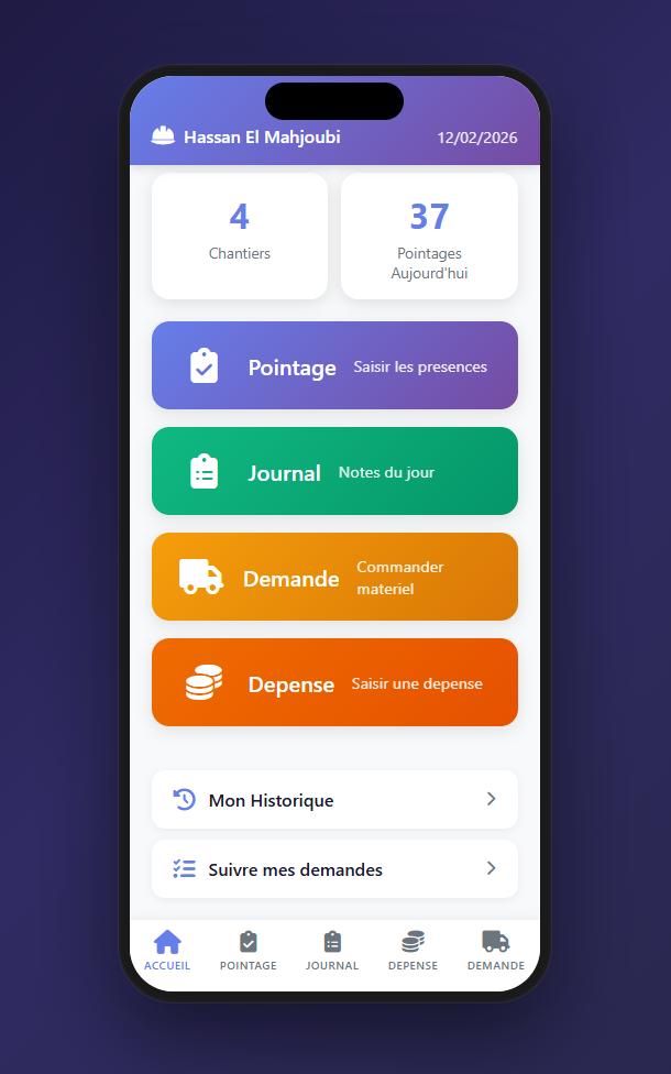 App mobile chef de chantier — pointage, journal, dépenses